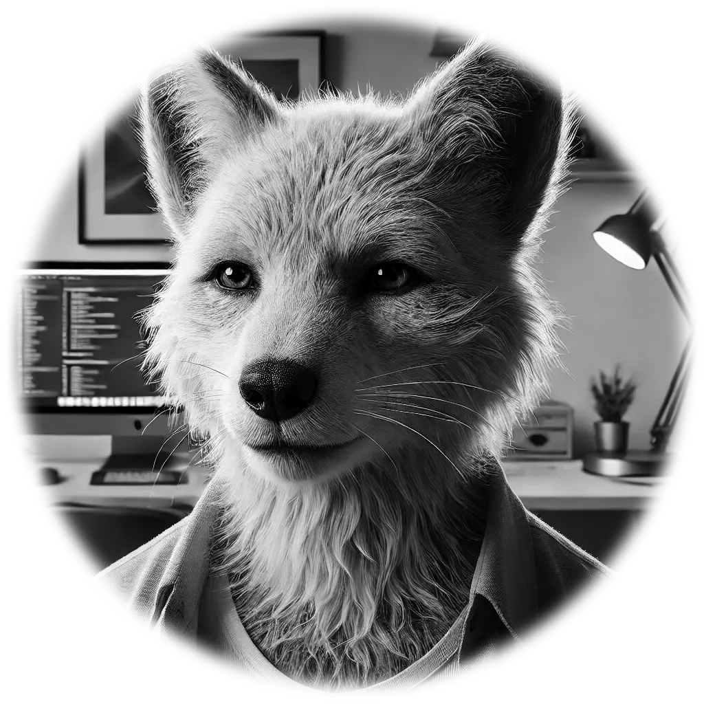 A clever fox standing next to its computer